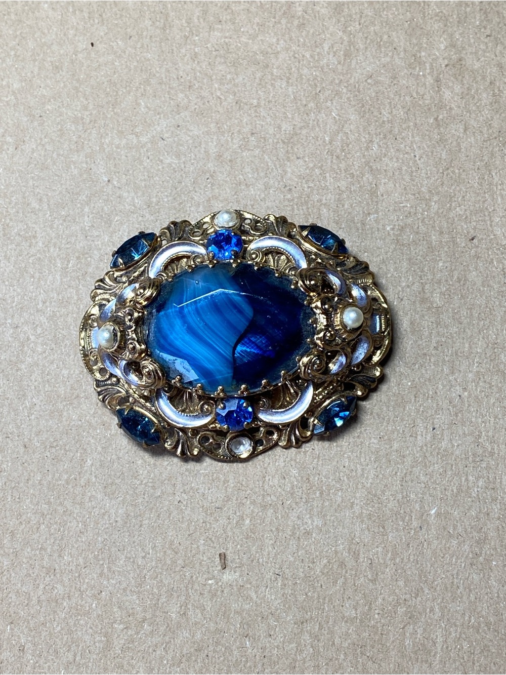 Vintage blue rhinestone statement brooch pin